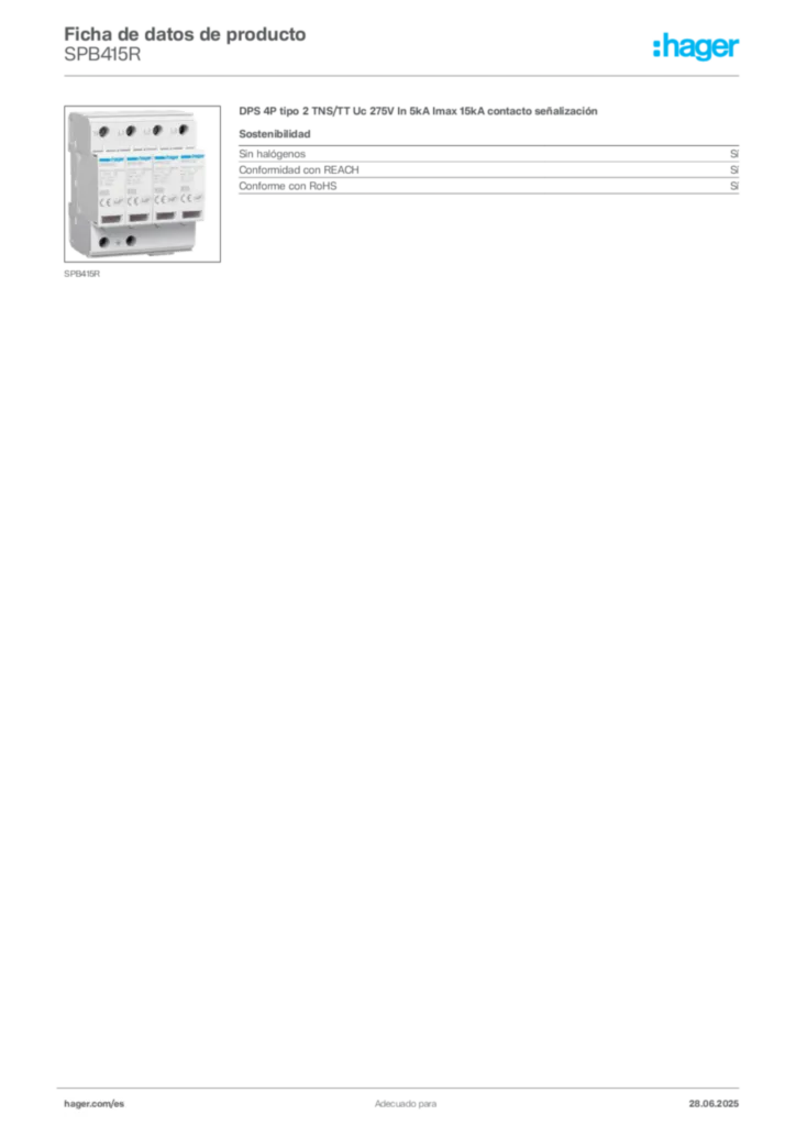 Imagen Hager Ficha de datos de producto SPB415R | Hager España