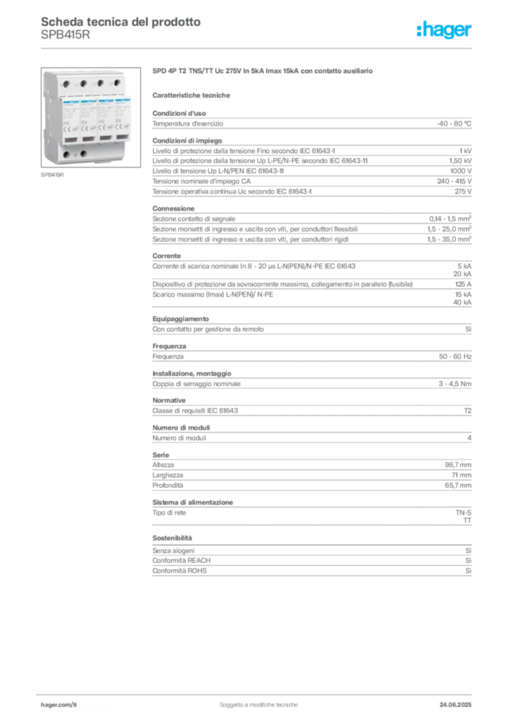 Immagine Hager Scheda tecnica del prodotto SPB415R | Hager Italia