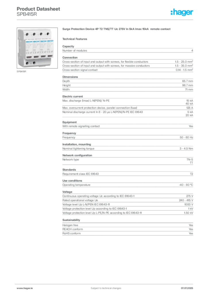 Image Hager Product data sheet SPB415R  | Hager