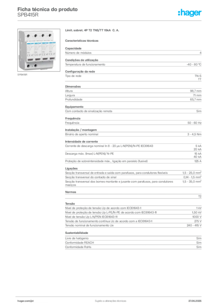 Imagem Hager Ficha técnica do produto SPB415R | Hager Portugal