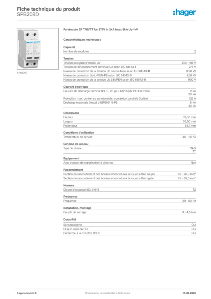 Image Hager Fiche technique du produit SPB208D | Hager Afrique