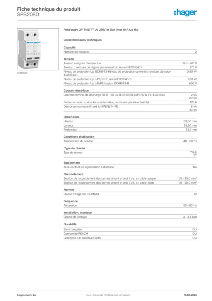 Image Hager Fiche technique du produit SPB208D | Hager Belgique