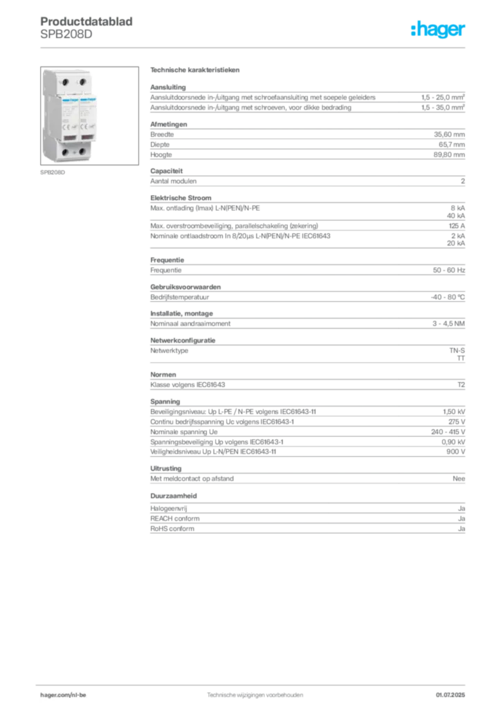 Afbeelding Hager Productdatablad SPB208D | Hager Belgium