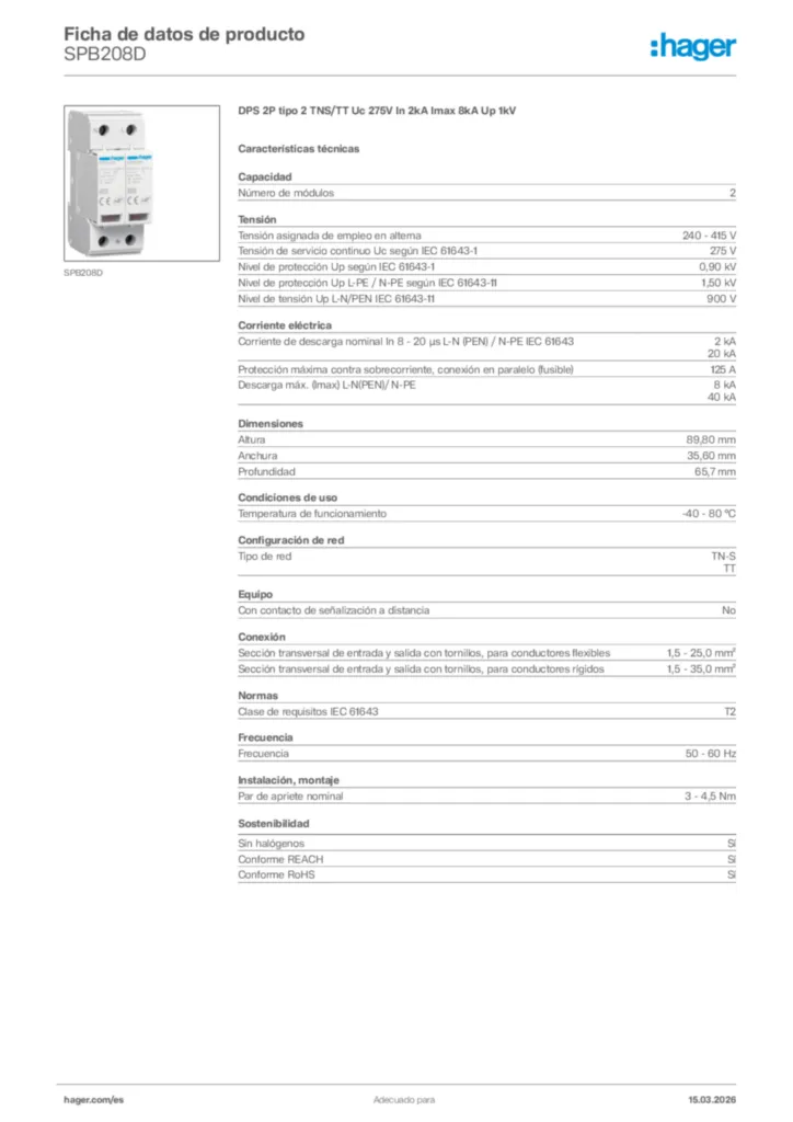 Imagen Hager Ficha de datos de producto SPB208D | Hager España