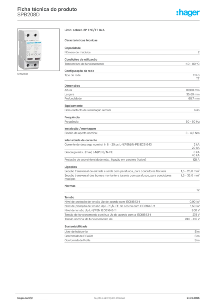 Imagem Hager Ficha técnica do produto SPB208D | Hager Portugal