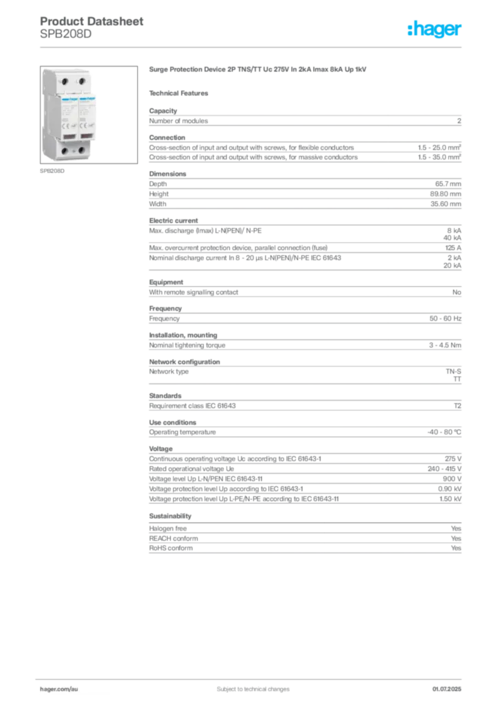 Image Hager Product data sheet SPB208D  | Hager Australia
