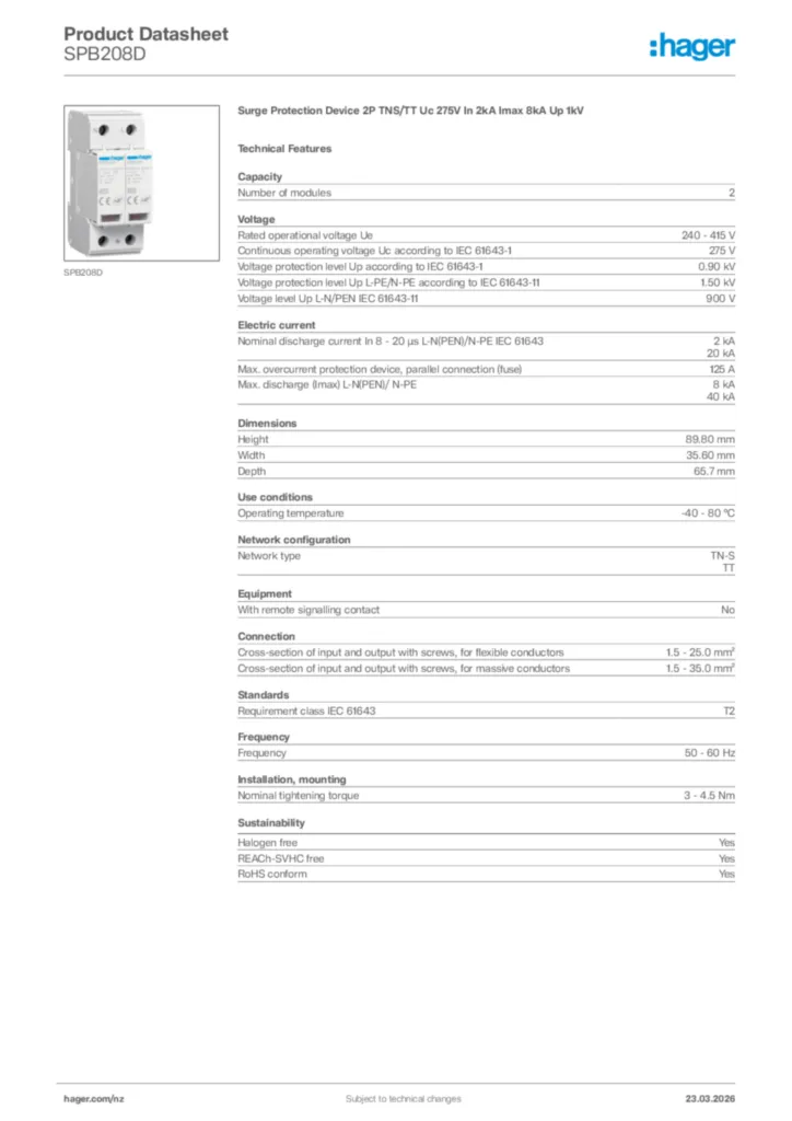 Image Hager Product data sheet SPB208D  | Hager New Zealand
