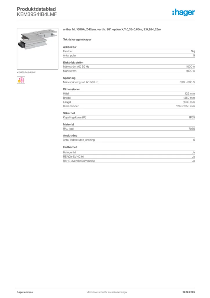 Bild Hager Produktdatablad KEM39S41B4LMF | Hager Sverige