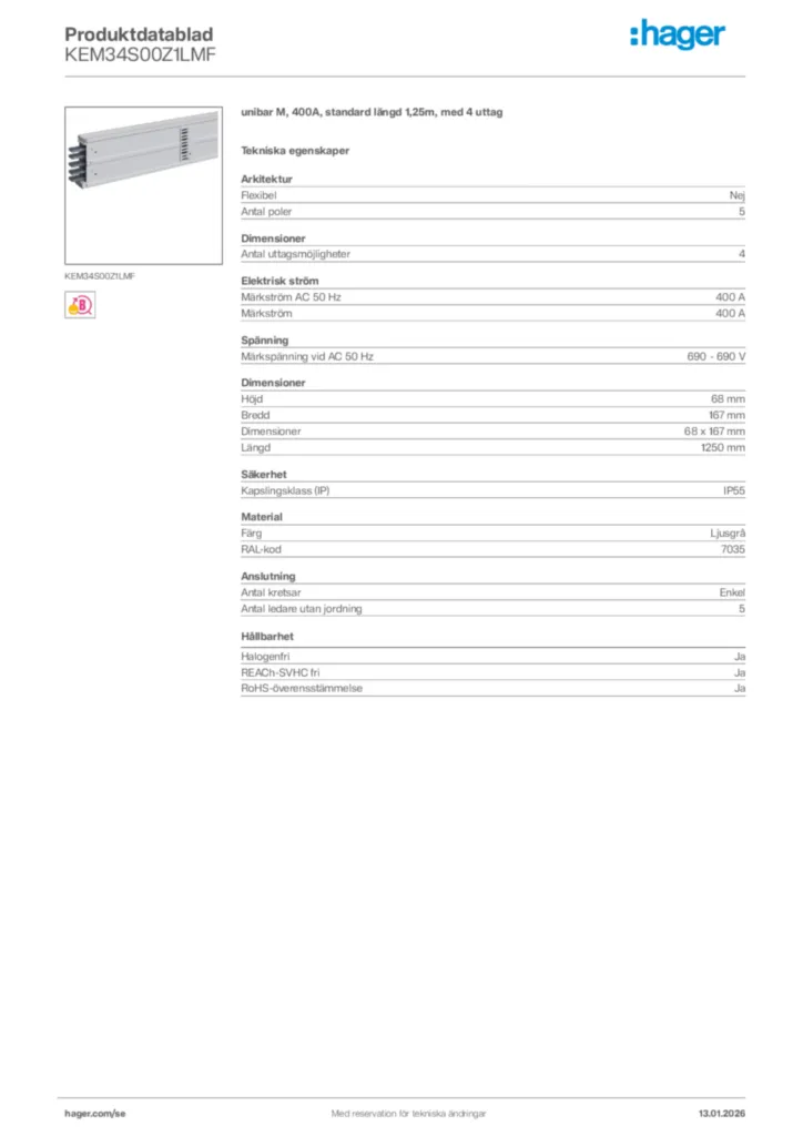 Bild Hager Produktdatablad KEM34S00Z1LMF | Hager Sverige