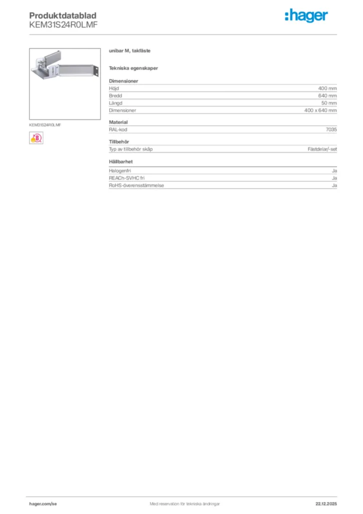 Bild Hager Produktdatablad KEM31S24R0LMF | Hager Sverige