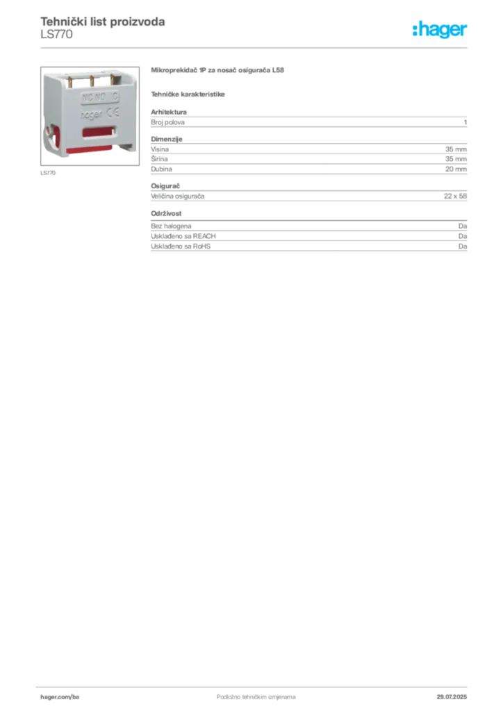 Slika Hager Product data sheet LS770  | Hager