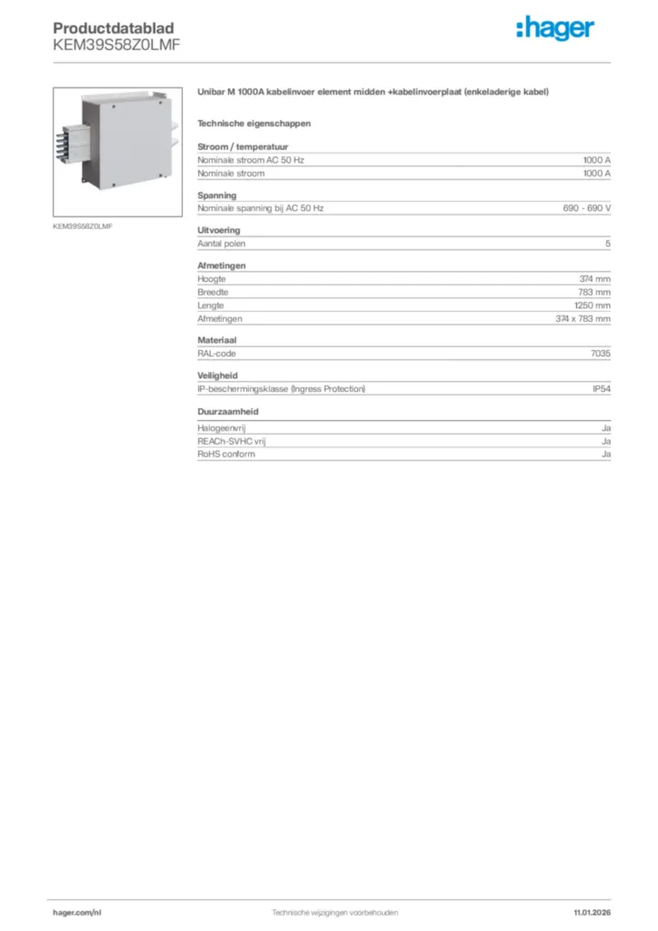 Afbeelding Hager Productdatablad KEM39S58Z0LMF | Hager Nederland