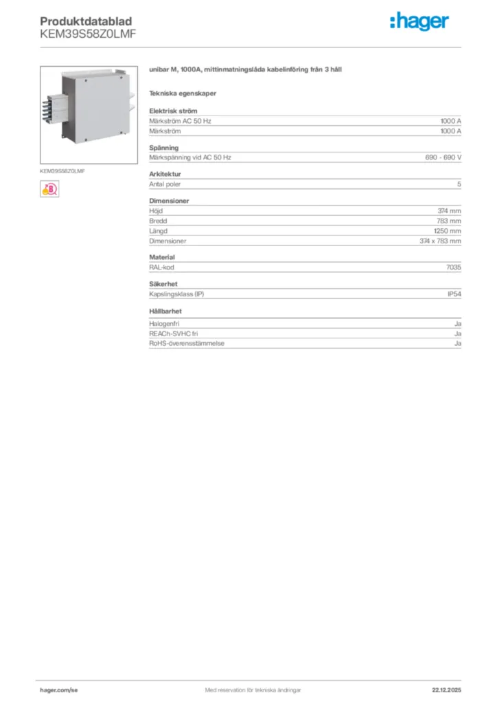 Bild Hager Produktdatablad KEM39S58Z0LMF | Hager Sverige