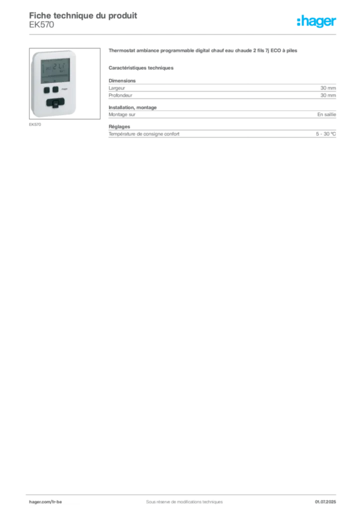 Image Hager Fiche technique du produit EK570 | Hager Belgique