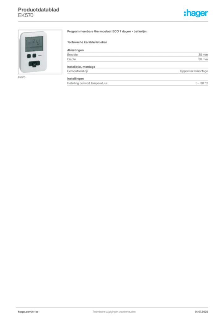 Afbeelding Hager Productdatablad EK570 | Hager Belgium
