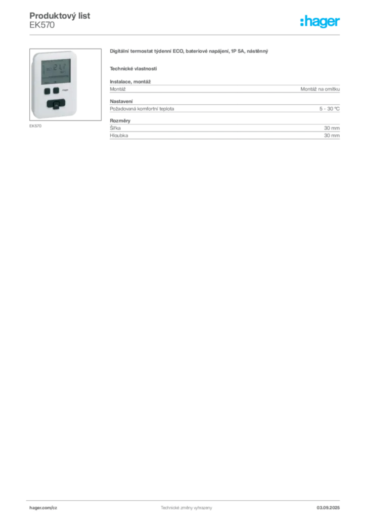 Obrázek Hager Produktový list EK570 | Hager