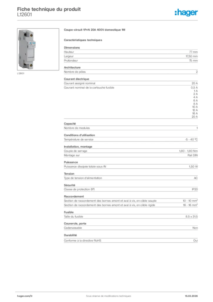 Image Hager Fiche technique du produit L12601 | Hager France