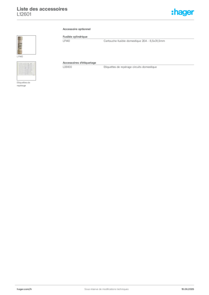 Image Hager Fiche technique du produit L12601 | Hager France