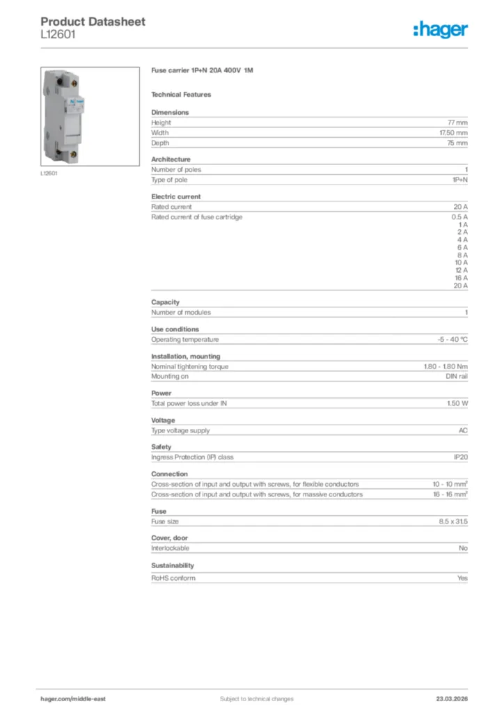 Image Hager Product data sheet L12601  | Hager
