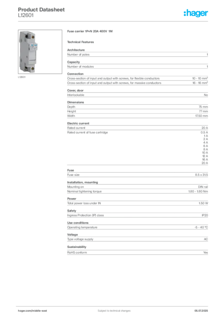 Image Hager Product data sheet L12601  | Hager