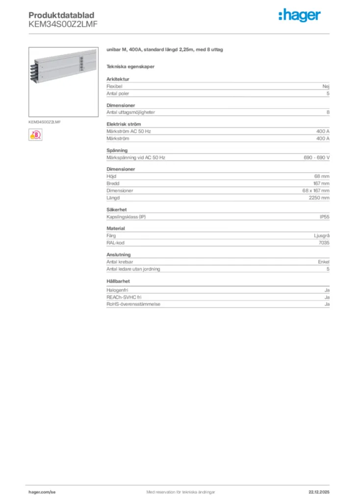 Bild Hager Produktdatablad KEM34S00Z2LMF | Hager Sverige