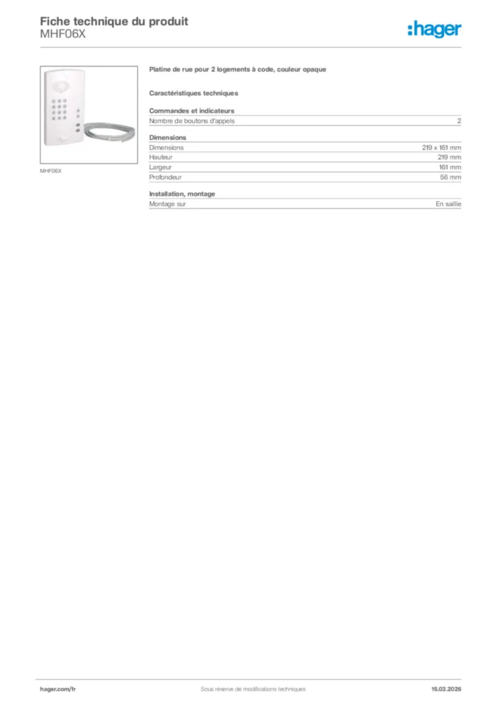 Image Hager Fiche technique du produit MHF06X | Hager France
