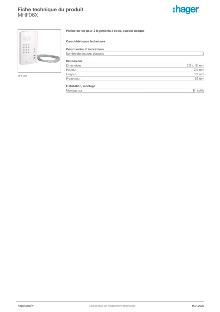 Image Hager Fiche technique du produit MHF06X | Hager France