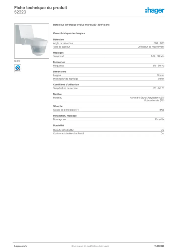 Image Hager Fiche technique du produit 52320 | Hager France