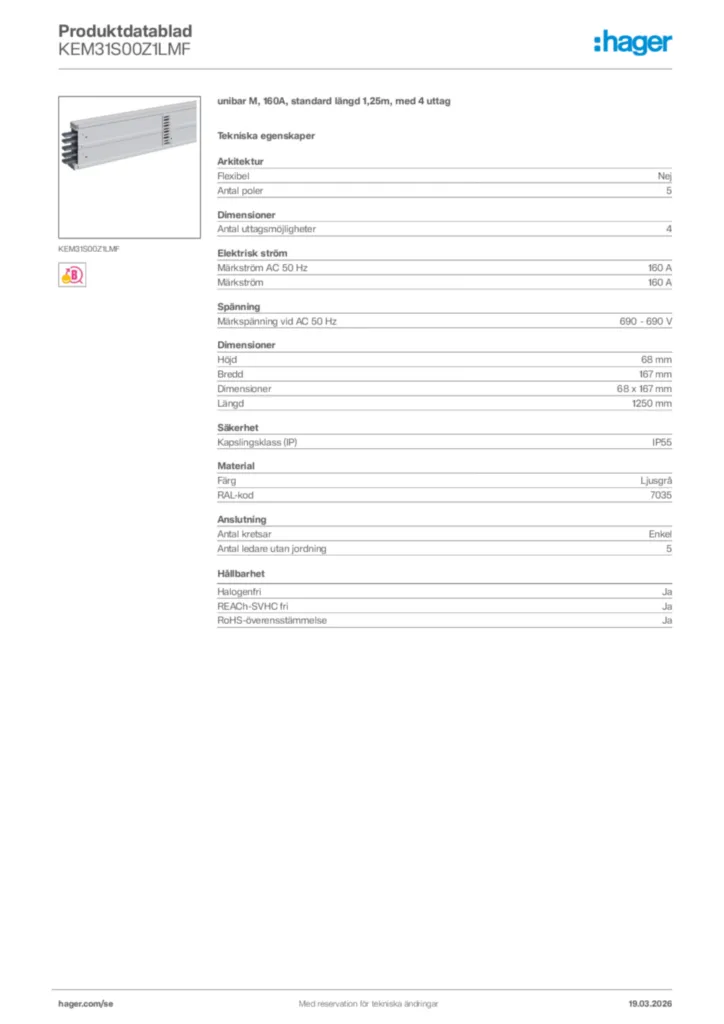 Bild Hager Produktdatablad KEM31S00Z1LMF | Hager Sverige