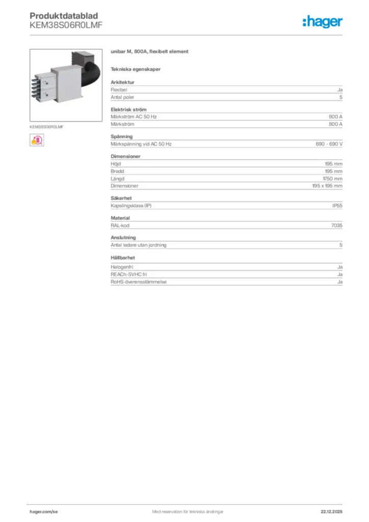 Bild Hager Produktdatablad KEM38S06R0LMF | Hager Sverige