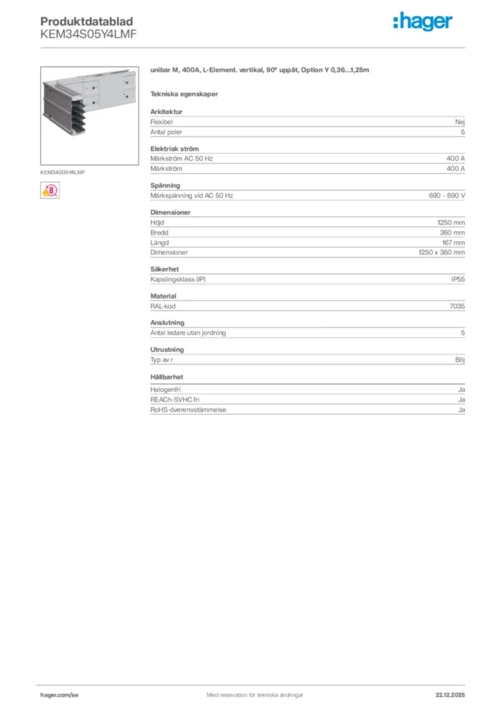 Bild Hager Produktdatablad KEM34S05Y4LMF | Hager Sverige