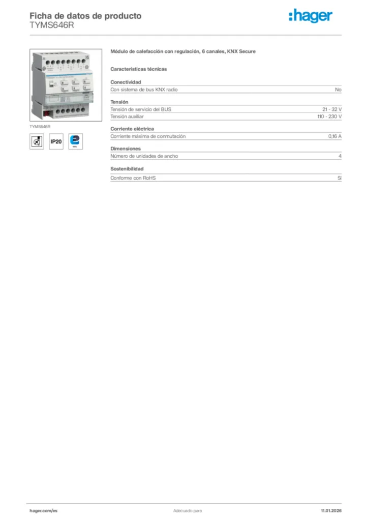 Imagen Hager Ficha de datos de producto TYMS646R | Hager España