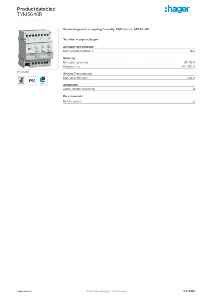 Afbeelding Hager Productdatablad TYMS646R | Hager Nederland
