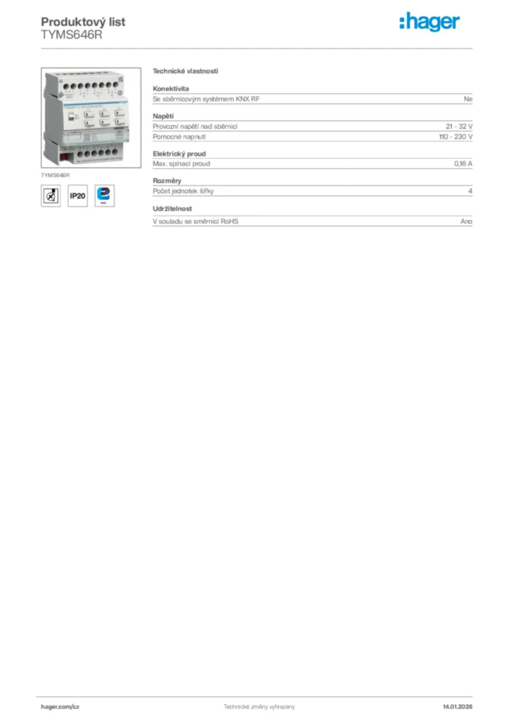 Obrázek Hager Product data sheet TYMS646R | Hager