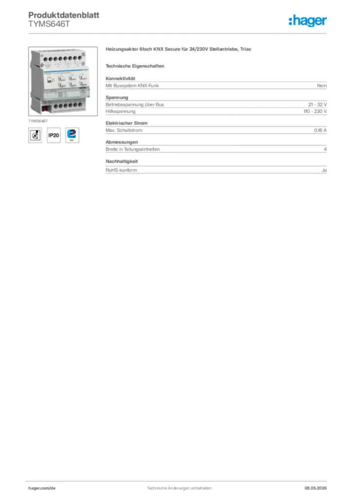 Bild Hager Produktdatenblatt TYMS646T | Hager Deutschland