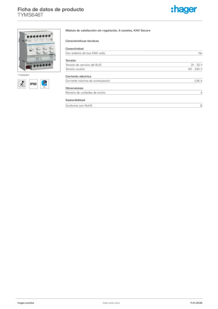 Imagen Hager Ficha de datos de producto TYMS646T | Hager España