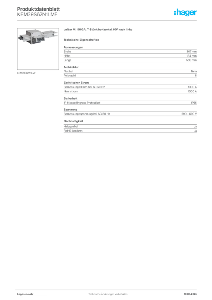 Hager Produktdatenblatt KEM39S62N1LMF