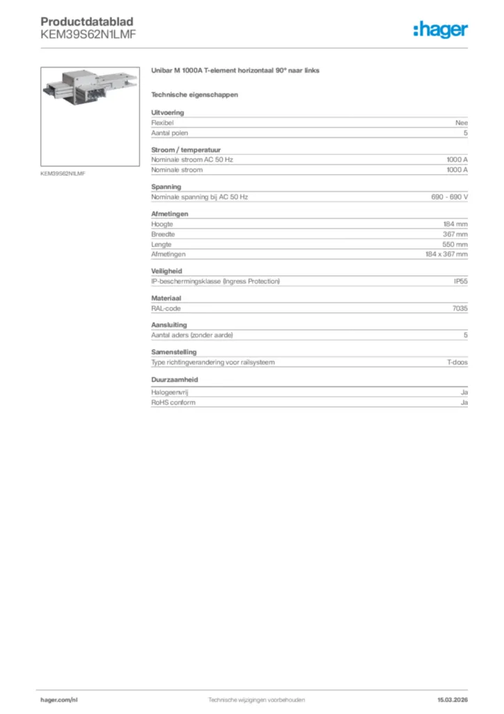 Afbeelding Hager Productdatablad KEM39S62N1LMF | Hager Nederland