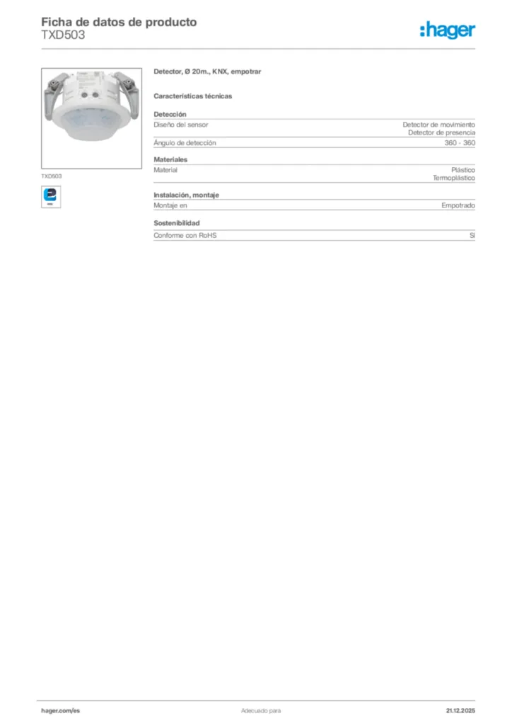 Imagen Hager Ficha de datos de producto TXD503 | Hager España
