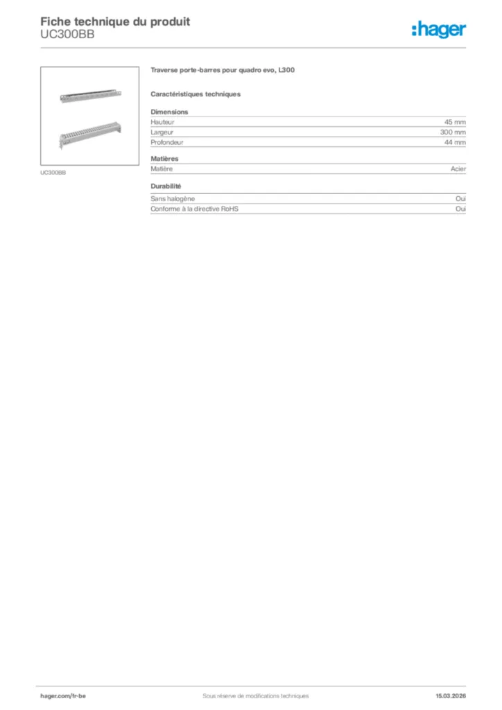 Image Hager Fiche technique du produit UC300BB | Hager Belgique