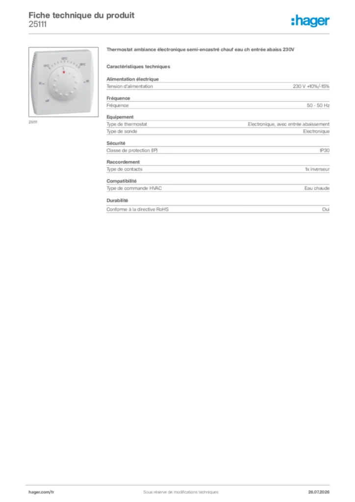 Image Hager Fiche technique du produit 25111 | Hager France