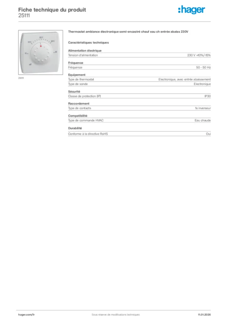 Image Hager Fiche technique du produit 25111 | Hager France