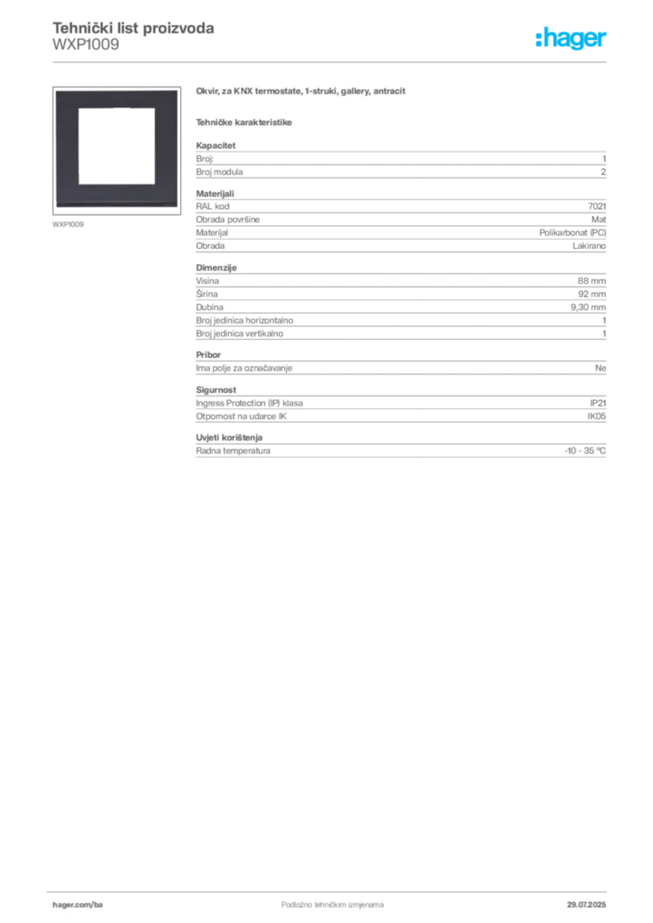 Slika Hager Product data sheet WXP1009  | Hager