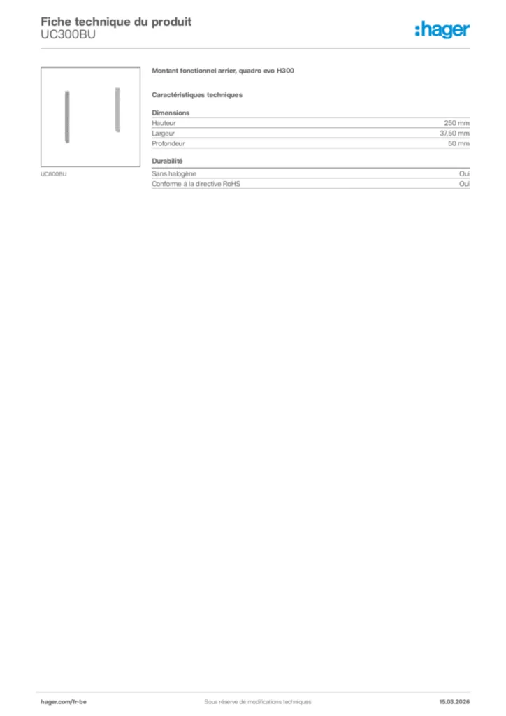 Image Hager Fiche technique du produit UC300BU | Hager Belgique