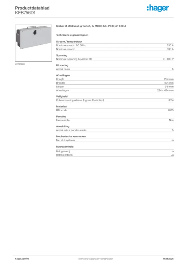 Afbeelding Hager Productdatablad KEB756D1 | Hager Nederland