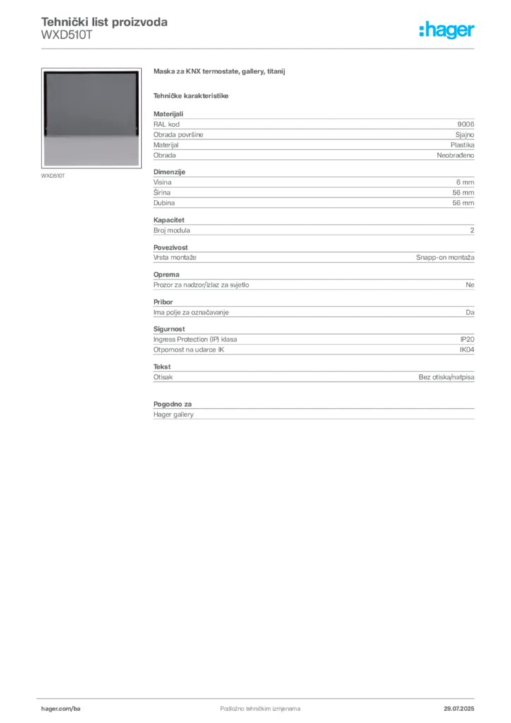 Slika Hager Product data sheet WXD510T  | Hager