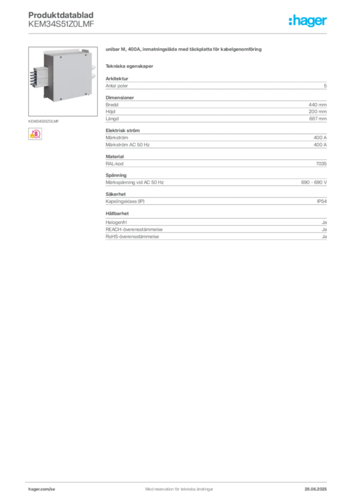 Bild Hager Produktdatablad KEM34S51Z0LMF | Hager Sverige