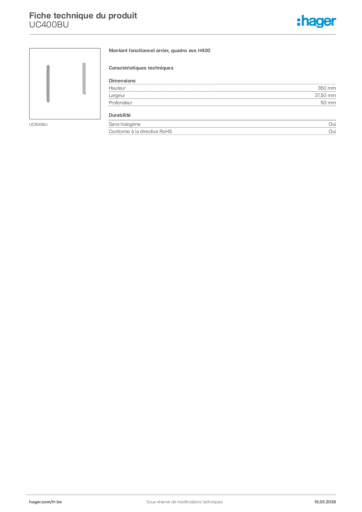 Image Hager Fiche technique du produit UC400BU | Hager Belgique