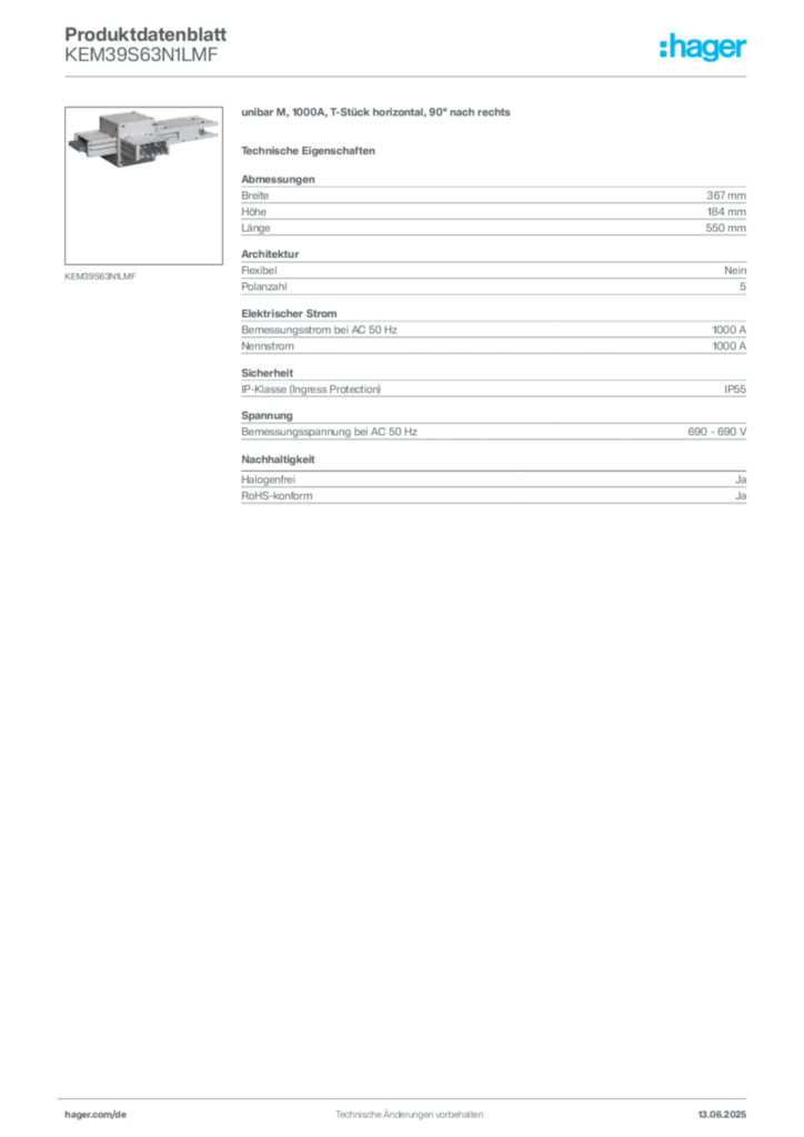 Hager Produktdatenblatt KEM39S63N1LMF