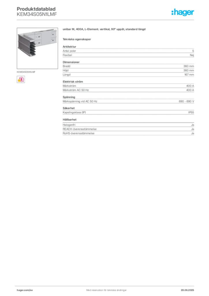 Bild Hager Produktdatablad KEM34S05N1LMF | Hager Sverige